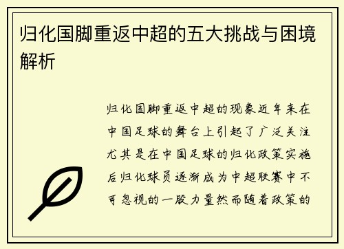 归化国脚重返中超的五大挑战与困境解析
