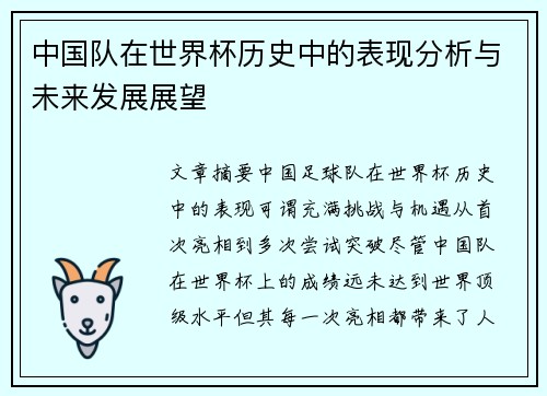 中国队在世界杯历史中的表现分析与未来发展展望